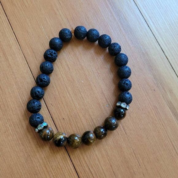 Set of 3 beaded bracelets faux crystal tiger's eye lava beads bohemian hippie - Picture 5 of 12